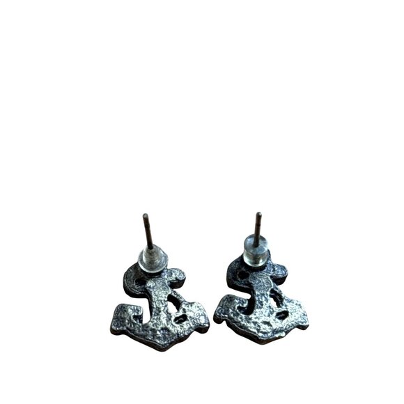 Blue Rhinestone Anchor Stud Earrings Bronze Color Metal 0.5 inch - Picture 2 of 3